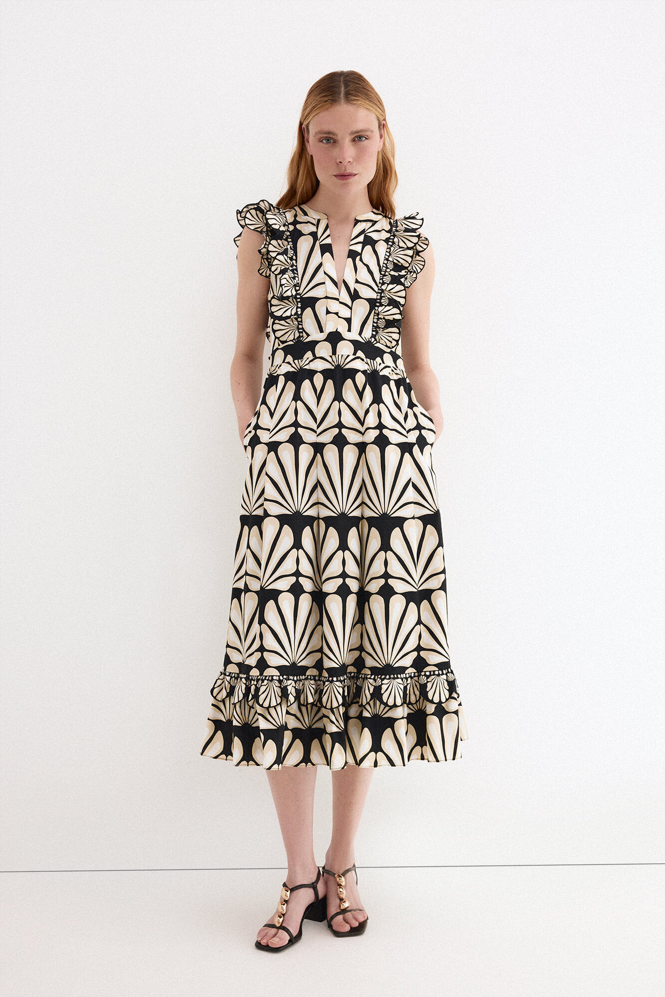 Pedro del Hierro Vestido de algod&atilde;o com folhos Beige