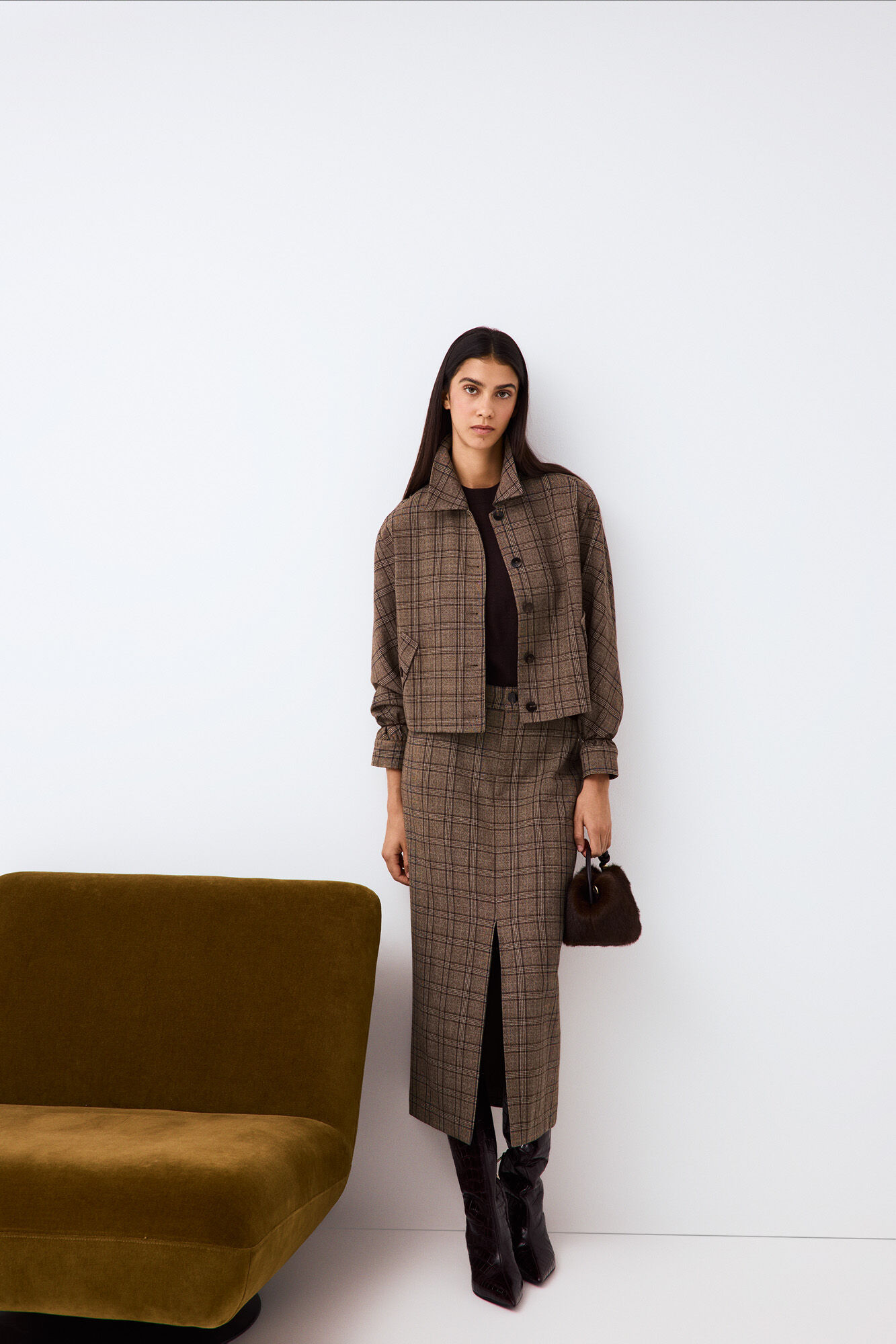 Pedro del Hierro Plaid straight skirt Brown