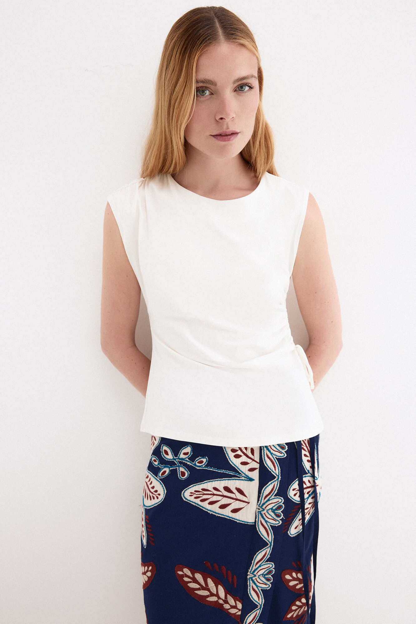 Pedro del Hierro Sleeveless T-shirt with drawstring ruching detail Ecru