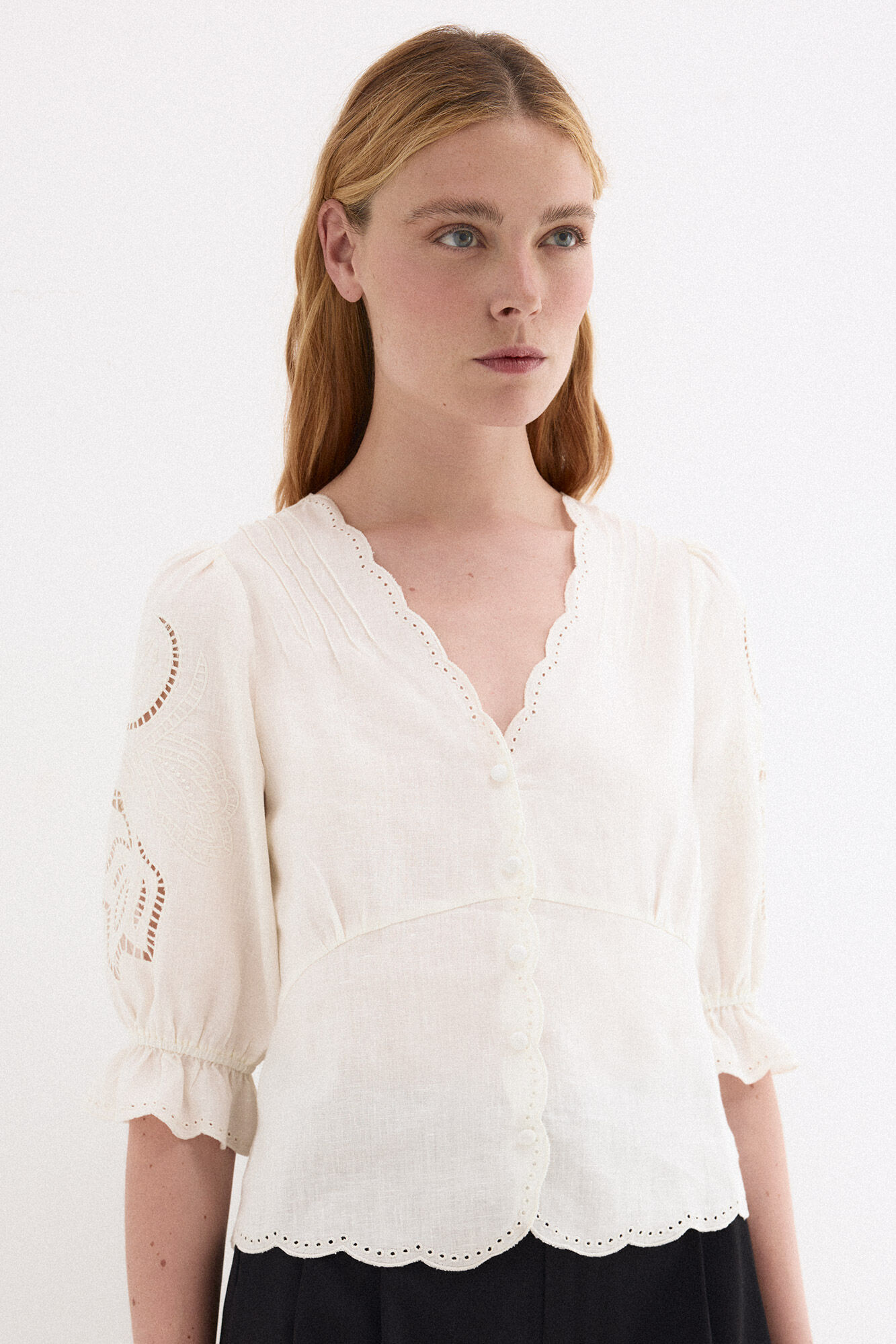 Pedro del Hierro Embroidered linen blouse Ecru