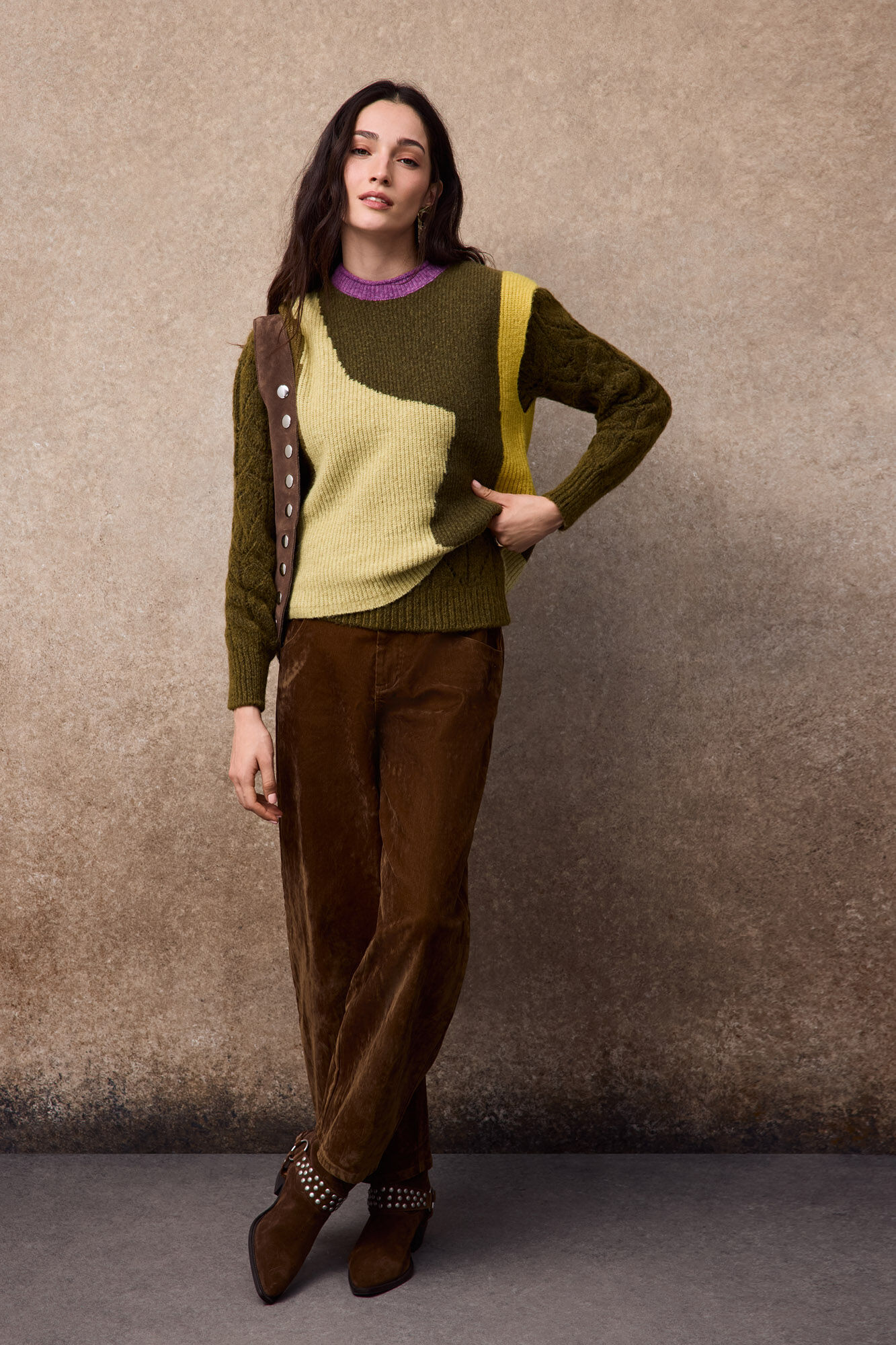Slowlove Intarsia block gilet Kaki